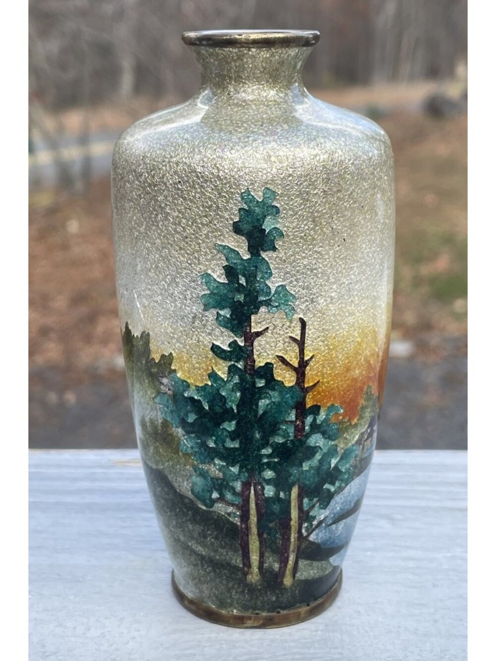 FINE Antique 19th C. Japanese Meiji Era Ginbari Foil Cloisonne Landscape Vase